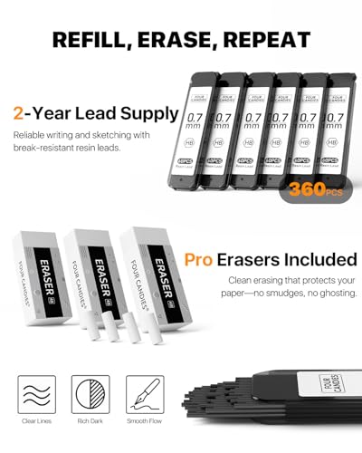 Metal Mechanical Pencil Set, 0.7mm Medium Point, 3-Pack with Storage Case | 360 Leads, 3 Erasers+9 Refills, Non-Slip Grips, For School Writing, Sketching, Art Drawing & Professional Drafting - size: 3 Count (Pack of 1)