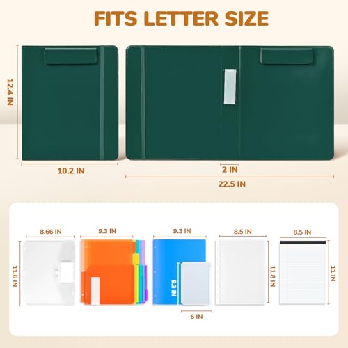 JoyCat 3 Ring Binder Clipboard with Storage,12.4"x10.2"Magnetic Clipboard Folder with 5 Expandable Folders,Refillable Lined Notepad (11" x 8.5"),Ideal for School Office Nursing(Dark Green) - color: Dark Green