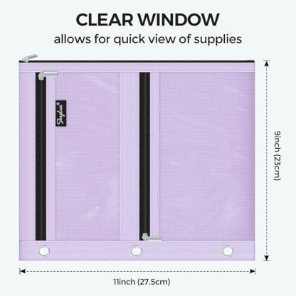 SKYDUE Pencil Pouch for 3 Ring Binder, 3 Compartment Zipper Pencil Case, Large Capacity Pen Organizer with Clear PVC Window for School Supplies, Students, Kids & Teachers - color: Purple