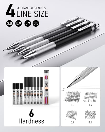 Nicpro 38PCS Art Mechanical Pencils Set in Leather Case, 3 PCS Metal Drafting Pencil 0.5, 0.7, 0.9 mm & 5 PCS 2mm Lead Holder (6B 4B 2B HB 2H 4H Colors) For Sketching Drawing With 20 Tube Lead Refills - size: 38PCS