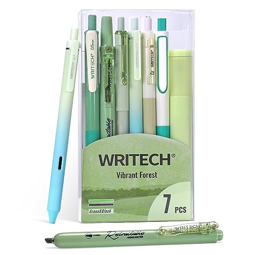 WRITECH Gel Pens Journaling Highlighters: Journal Set Aesthetic Assorted Pastel Color Ink 0.5mm Fine Point Retractable 0.7mm Black Pen Smooth Writing Drawing No Bleed 7ct (Green) - color: Green