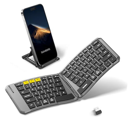 Samsers Ergonomic Foldable Keyboard, KE09U Folding Travel Bluetooth Keyboard with 6-Row Layout, Dual-Mode(2.4G+BTx2) Split Portable Design with USB Slot, for iPhone iPad Smartphone Tablet Laptop PC