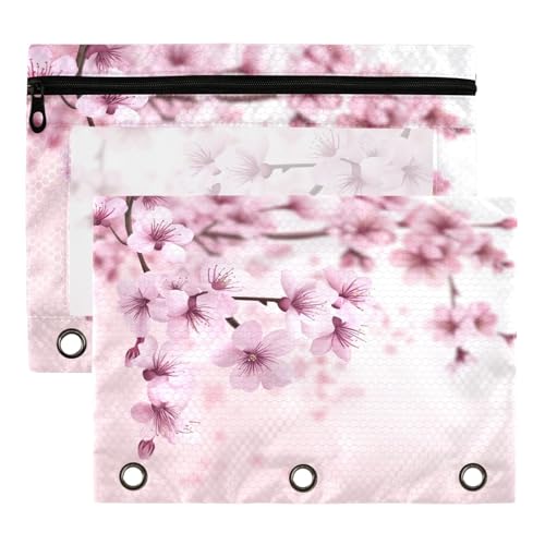 Studying 2 Pack Spring Cherry Blossom Tree Branch 3 Ring Binder Pencil Pouch Bags,Clear Window Zipper Storage Case for Boys Girls School Office Supplies Cosmetics Organizers - color: Multi-cherry Blossom