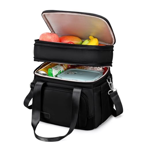MAPLELILY Lunch Box for Men Women - Double Deck Insulated Lunch Bag, Large Leak Proof Tote Cooler, Wide Open Dual Compartment Lunch Bags with Shoulder Strap, For Work Picnic Hiking Beach, Black - color: Black