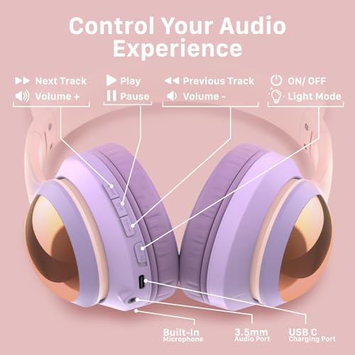 FosPower Kids Bluetooth 5.2 Headphones with LED Cat Ears (85/94dB Safe Volume Limit) Foldable Wireless or Wired Headset with 100hr Play Time and 3.5mm Cable for School/Travel - Light Pink/Light Purple - color: 05 - Light Pink/Light Purple (Bluetooth)