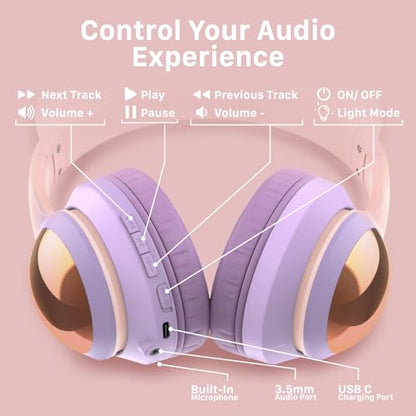 FosPower Kids Bluetooth 5.2 Headphones with LED Cat Ears (85/94dB Safe Volume Limit) Foldable Wireless or Wired Headset with 100hr Play Time and 3.5mm Cable for School/Travel - Light Pink/Light Purple - color: 05 - Light Pink/Light Purple (Bluetooth)