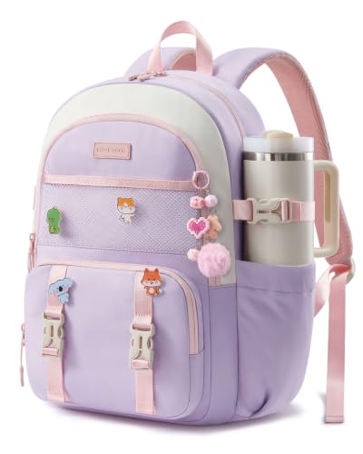 LOVEVOOK Cute School Backpack for Girls Ages 8-14, Lightweight Bookbag with Cartoon Charms & Pins, Back to School Backpack for Elementary & Middle School, Fits 15.6 Inch Laptop and 40oz Tumbler - color: Off-white & Pink Purple, size: 15.6 Inch