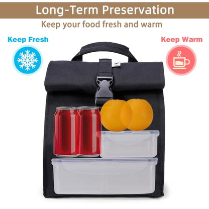 SUNNY BIRD Insulated Lunch Bag Rolltop Lunch Box (Black) - color: Black