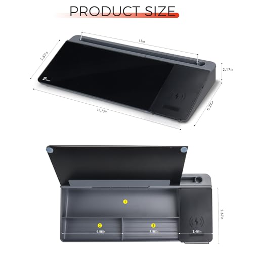 TOWON Glass Desk Whiteboard 16x7 in, Wireless Charger and Storage, Black | Desktop whiteboard with charging pad and phone stand. Tempered glass dry erase. Marker and eraser included. - color: Charger Black