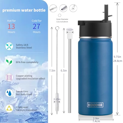 koodee Water Bottle with Straw 16 oz Stainless Steel Double Wall Vacuum Insulated Water Bottle BPA Free, Boys Water Bottle for School (Navy) - color: navy-A, size: 16 Ounces