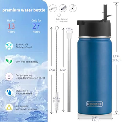 koodee Water Bottle with Straw 16 oz Stainless Steel Double Wall Vacuum Insulated Water Bottle BPA Free, Boys Water Bottle for School (Navy) - color: navy-A, size: 16 Ounces