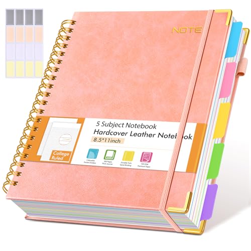Hardcover Large Spiral Notebook 8.5" x 11" with Removable Dividers Tabs, 300 pages Leather 5 Subject Notebook College Ruled, A4 Journal for Women Men, Notebooks for Work School Note taking, Pink - color: Pink, size: A4（8.5" x 11"）