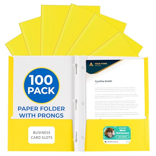 100 Pack Yellow 2 Pocket Paper Folders. EPI Heavy Duty, Bulk Folders with Pockets, Prongs and Business Card Slots. Letter Size Document Organizers. Durable Portfolio for School, College, Office Files - color: Yellow, style: Prongs