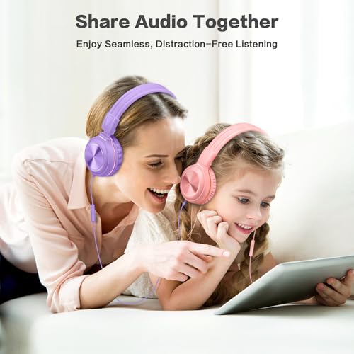 SIMOLIO Stereo Wired Headphones Teens Adult Kid Youth w/Mic & Volume Control & Volume Limited & Share Port & 3.5mm Jack, Safe Volume Durable Foldable Headset for Online School Gaming PC Laptop Travel