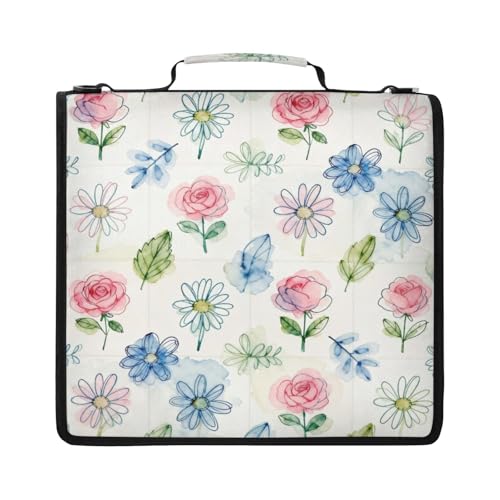 Floral Leaves Zipper Binder with 2 Inch D-Rings Expandable File Portfolio with Shoulder Strap, Waterproof Nylon Organizer for 14" Laptop for Work College Travel