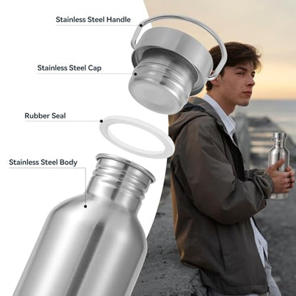 Volhoply 22oz Uninsulated Single Walled Water Bottle 4 Pack, Stainless Steel Reusable Water Bottles with Handle, BPA Free & Plastic Free 18/8 304 Metal Water Bottles for Camping, Hikers, Cyclists - size: 22 Ounces