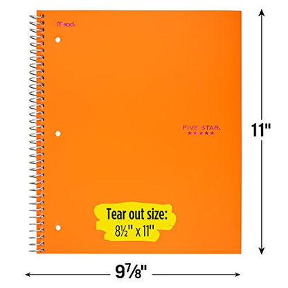 Five Star Spiral Notebook, 3 Subject, College Ruled Paper, 150 Sheets, 11" x 8-1/2", Orange (38745) - color: 10 Bright Orange