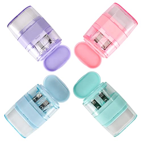 4 PCS Manual Pencil Sharpener with Eraser, Double Hole Multicolored Sharpener with Eraser Fun Stationery Back to School Supplies, Classroom Rewards, and Birthday Party Favors