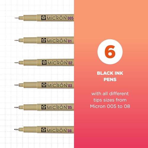 SAKURA Pigma Micron Fineliner Pens - Archival Black Ink Pens - Pens for Writing, Drawing, or Journaling - Assorted Point Sizes - 6 Pack - size: 6 Count (Pack of 1)