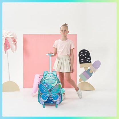 Girls Kids Rolling Backpack with Wheels Trolley School Bag Waterproof Travel Luggage for Kids Girls and Students lunch bag Lightweight and Multi functional 5-10 Years Old - color: Butterfly Blue
