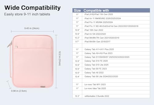Dadanism 9-11 Inch Tablet Sleeve Padded Carrying Case with Handle, Protective Travel Bag for iPad A16 11" 2025, iPad Air M4/Pro M5 11", iPad 10th Gen 10.9", iPad 10.2", Galaxy Tab A11+ 11", Pink - color: Pink