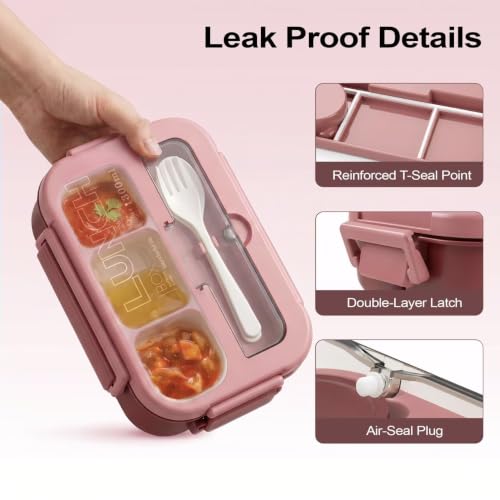 Bento Box Adult Lunch Box, Lunch Containers for Adults 44.5 Oz/5 Cup, Pink | BPA-Free, Lid-Top Sauce Tray, Leak-Proof, 1300mL, Removable Silicone Sealing Ring, Lid-Top Utensil Slot with Included Cutlery - color: Pink