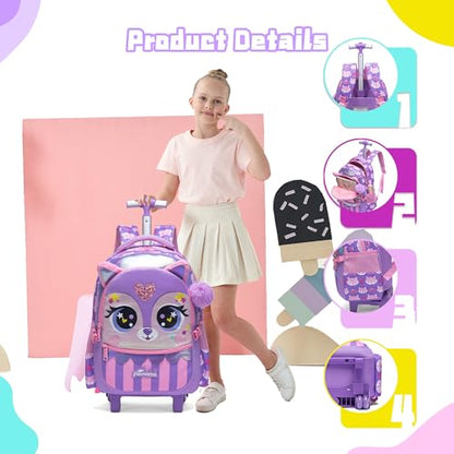 Rolling Backpack for Girls Backpacks with Wheels for Elementary Preschool Students Kids 2 in 1 Travel Luggage Carry on Suitcase with Pencil Case for Girls Age 8-10 - color: Purple 01