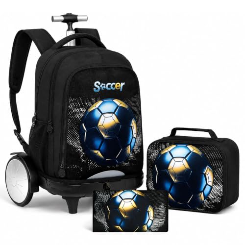 gxtvo Large Wheels & Quiet Glide | Rolling Backpack for Kids - Water-Resistant Wheeled Bag with Lunch Box for School, Travel & Outings - Black Gold Soccer - color: Rolling Backpack Gold Soccer Black