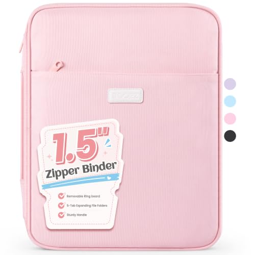 Sooez Zipper Binder Bag, 1.5 Inch Binders 3 Ring O-Ring, 5-Tab Dividers Expanding File Folder, 650-Sheet Capacity Paper Organizer, Cute Organizer Storage for Student School Classroom Supplies, Pink - color: Pink