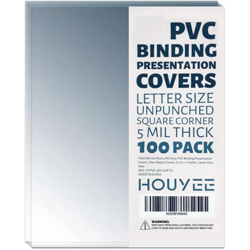 HOUYEE 100 Pack 5 Mil PVC Binding Presentation Covers, Clear Report Cover Sheets for Binding, Square Corner, 8.5 x11 Inches, Letter Size - size: 5 Mil, 100P