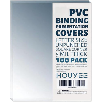 HOUYEE 100 Pack 5 Mil PVC Binding Presentation Covers, Clear Report Cover Sheets for Binding, Square Corner, 8.5 x11 Inches, Letter Size - size: 5 Mil, 100P