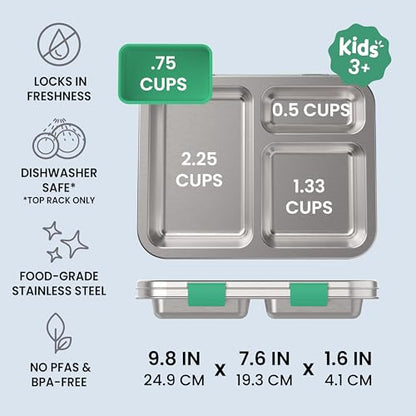 Bentgo Kids Stainless Steel Leak-Resistant Lunch Box - 3-Compartments with Bonus Silicone Container, Durable, Eco-Friendly, Dishwasher Safe, BPA-Free, Ideal for School, Ages 3+ (Green) - color: Green