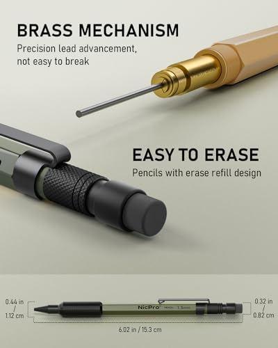 Nicpro 3 PCS 1.3 mm Mechanical Pencil Set 3 Colors with 48 Lead Refill, 3 Eraser - Weatherproof Metal MP2000 Heavy Duty Carpenter Pencil for Outdoor Marking Drafting Drawing Woodworking - style: 3 Pack (Black Green Brown)