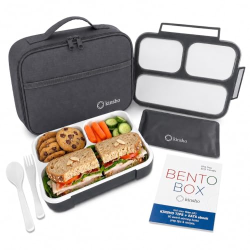 kinsho Bento Lunch Box, Ice Pack, Insulated Bag for Kids Adults, Black Gray | 3 Leak-Proof Compartments, Secure Lid, Insulated Food and Snack Container Set for Boys, School, Work, BPA Free - color: Black in Grey Bag