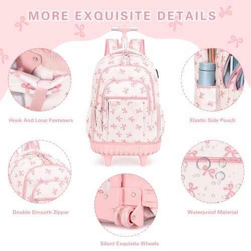 DIGOBAY Rolling Backpack for Girls, Cute Girls Backpack with Wheels, Kids Wheeled backpacks Set with Lunch Bag Pencil Case for Teen Girl, Roller School Bag with Wheels for Elementary Middle School - color: Beige and Pink Bow