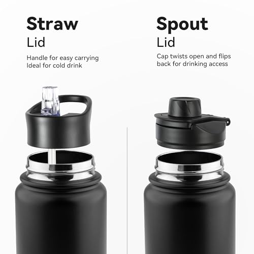 24oz Insulated Water Bottle with Straw Lid, Stainless Steel Metal Water Bottle with Straw & Wide Mouth Lid, Double Wall Vacuum Water Bottle for Hiking Camping, Black 4 Pack - color: Black, size: 24oz-4 Pack