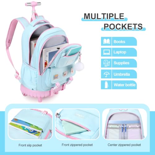 3-IN-1 Rolling Backpack for Girls with Lunch Bag Pencil case, Kawaii Backpack with Wheels for Girls, Roller School Bag with Wheels for Teen Elementary School Bookbags with Cute Pins Aquamarine-Pink - color: Aquamarine-pink