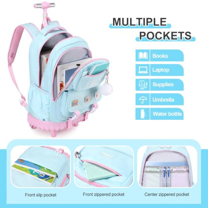 3-IN-1 Rolling Backpack for Girls with Lunch Bag Pencil case, Kawaii Backpack with Wheels for Girls, Roller School Bag with Wheels for Teen Elementary School Bookbags with Cute Pins Aquamarine-Pink - color: Aquamarine-pink