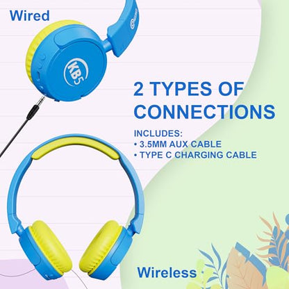 Contixo KB-5 Kids Headphones - Over The Ear Foldable Bluetooth Wireless Headphone for Kids - 85dB with Volume Limited - Toddler Headphones for Boys and Girls (Blue + Yellow) - color: Blue