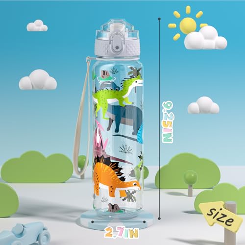 OLDLEY 17oz Kids Water Bottle, Tritan BPA-Free, Leakproof Flip Straw Lid, Motivational Time Marker, Carry Strap, Reusable Clear Water Bottle for Boys & Girls,Dinosaur - color: Dinosaur, style: 17 Ounces