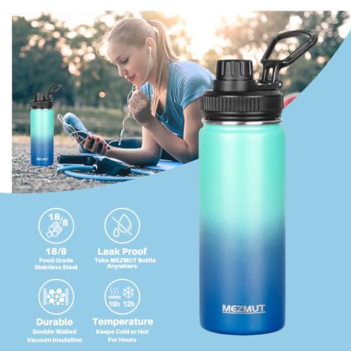 MEZMUT 18oz Insulated Water Bottle with Straw&2 Lids Stainless Steel Water Bottles Kids Metal Thermos Water Bottle Cup for School Vacuum Insulated Bottles Leak-Proof Travel Cup (Gradient Blue) - color: Gradient Blue, size: 18 Ounces