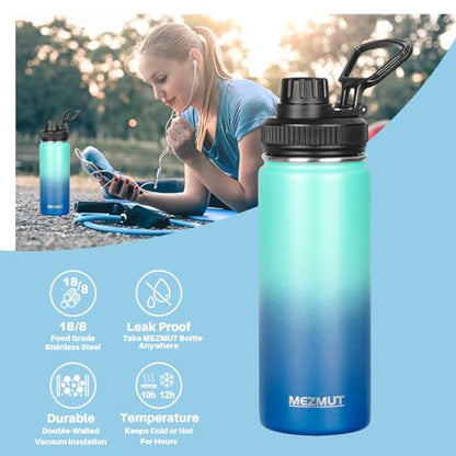 MEZMUT 18oz Insulated Water Bottle with Straw&2 Lids Stainless Steel Water Bottles Kids Metal Thermos Water Bottle Cup for School Vacuum Insulated Bottles Leak-Proof Travel Cup (Gradient Blue) - color: Gradient Blue, size: 18 Ounces