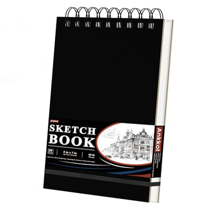 Ankkol Spiral Sketchbook 5x7, Small Sketch Book Hard Cover -100 Sheets, 68lb/100gsm Mini Drawing Pad Paper, Lay-Flat Mini Travel Sketchbook & Stocking Stuffer for Artist and Sketching Supplies. - color: Black, size: 5"x7" - 1 Pack
