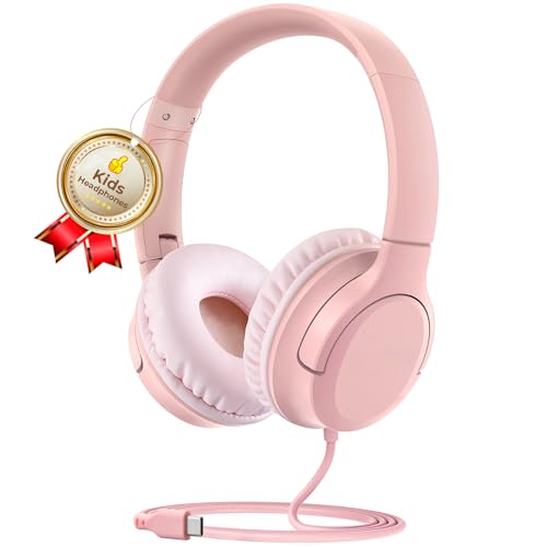 DyBaxa Kids Headphones, Type-C Wired Foldable On-Ear Headphones for Kids, Volume Limiter 94dB, Kid Headphones for School Classes Travel, Kids Headset Compatible Smartphones Tablet (Bright Pink) - color: Light Pink