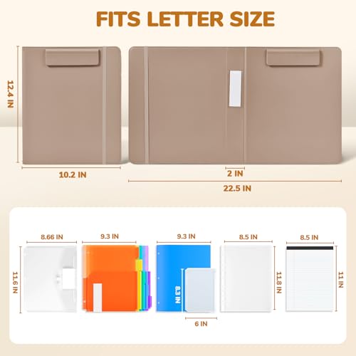JoyCat 3 Ring Binder Clipboard with Storage,12.4"x10.2"Magnetic Clipboard Folder with 5 Expandable Folders,Refillable Lined Notepad (11" x 8.5"),Ideal for School Office Nursing(Khaki) - color: Khaki