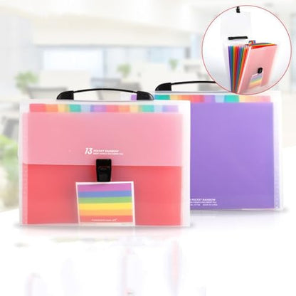 Large Capacity Accordion File Organizer 13 Pockets A4 Rainbow Expanding File Folder for Cards, Letter, A4 Paper, Document - size: with Handle