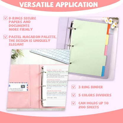 2 Pack Mini Size 3 Ring Binder 1 Inch Rings 5 Colors Dividers Pu Leather Binders 5.5" X 8.5" Holds 200 Sheets Paper Three Ring Binder DRing with Pen Loop 1 Pockets School Office (Purple&Pink) - color: Purple&pink, size: 1"D Ring