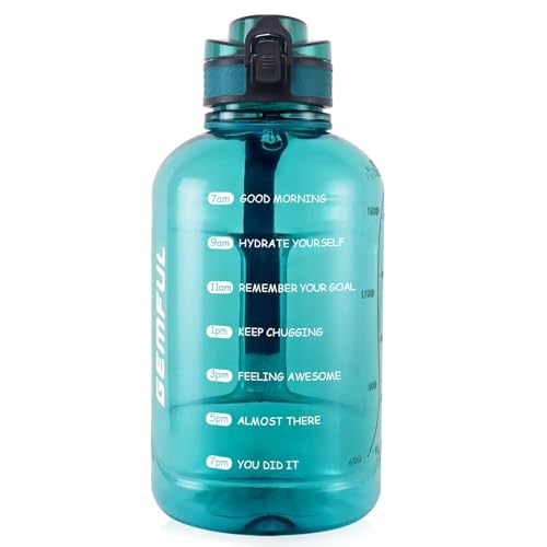 GEMFUL 64oz Motivational Water Bottle with Handle 2L Large Sports Jug for Gym Fitness Time Marker No Straw Leak Proof BPA Free (Cyan) - color: 2L Cyan No Straw