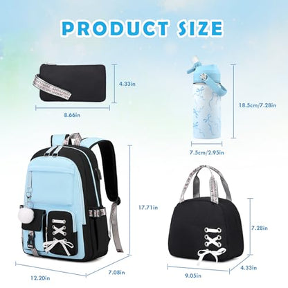 ACESAK Kids School Backpack for Girls, 4-In-1 Bookbag Backpack Set with 14OZ Insulated Kids Water Bottle, Lunch Bag Set for Girls Kid Teens Middle School Student, Girl Backpack for Schools - color: Black-blue