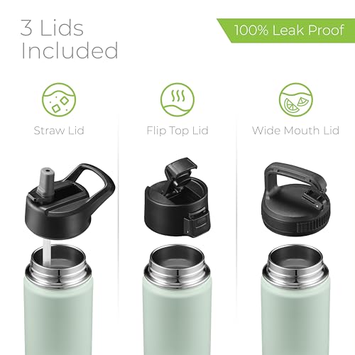 SipX™ 18 oz Insulated Water Bottle with 3 Lids – Leakproof Stainless Steel, Triple Insulated – Cold 24 Hours/Hot 12 Hours – Durable Bottle for School, Gym, Travel – Green - color: Green, size: 18 Ounces